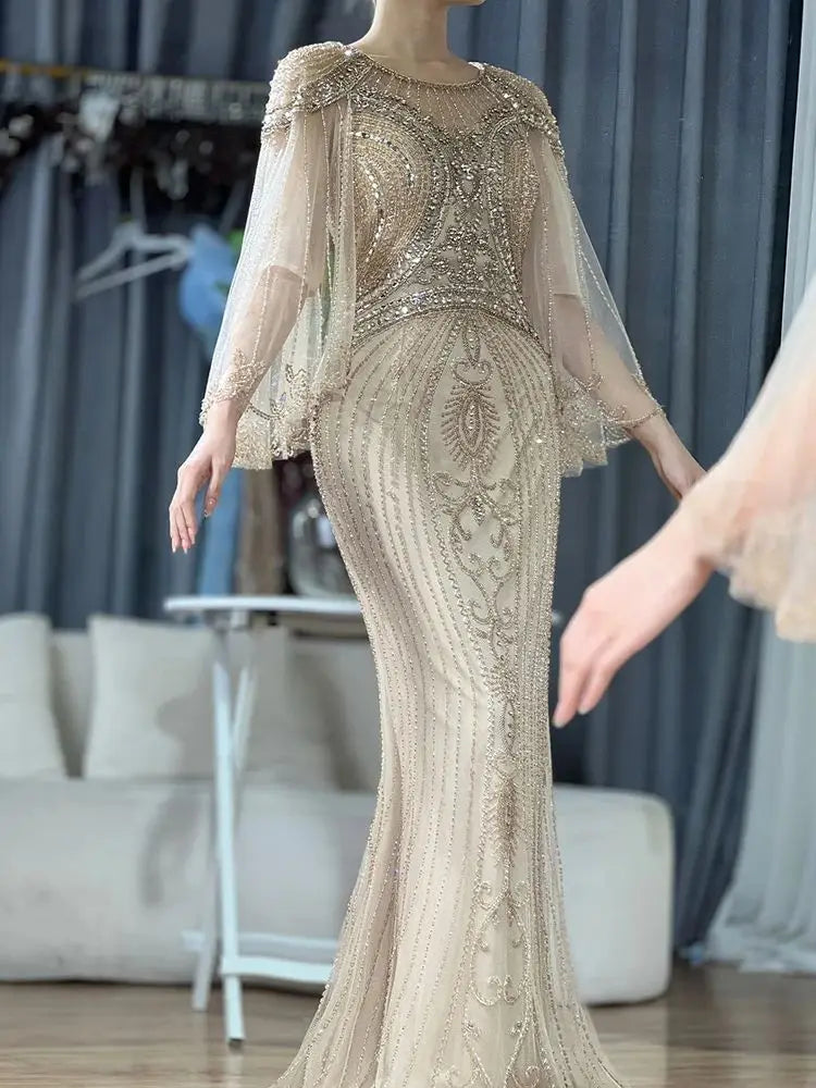 Evening dress for women -Serene Hill 2024 Arabic Gold Elegant Mermaid Beaded Long Evening Dresses Gowns for Formal Occasion LA72749