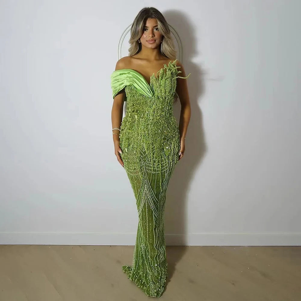 Evening dress with sleeves -Serene Hill 2024 Arabic Green Mermaid Elegant One Shoulder Beaded Long Evening Dresses Gowns for Formal Occasion LA72650