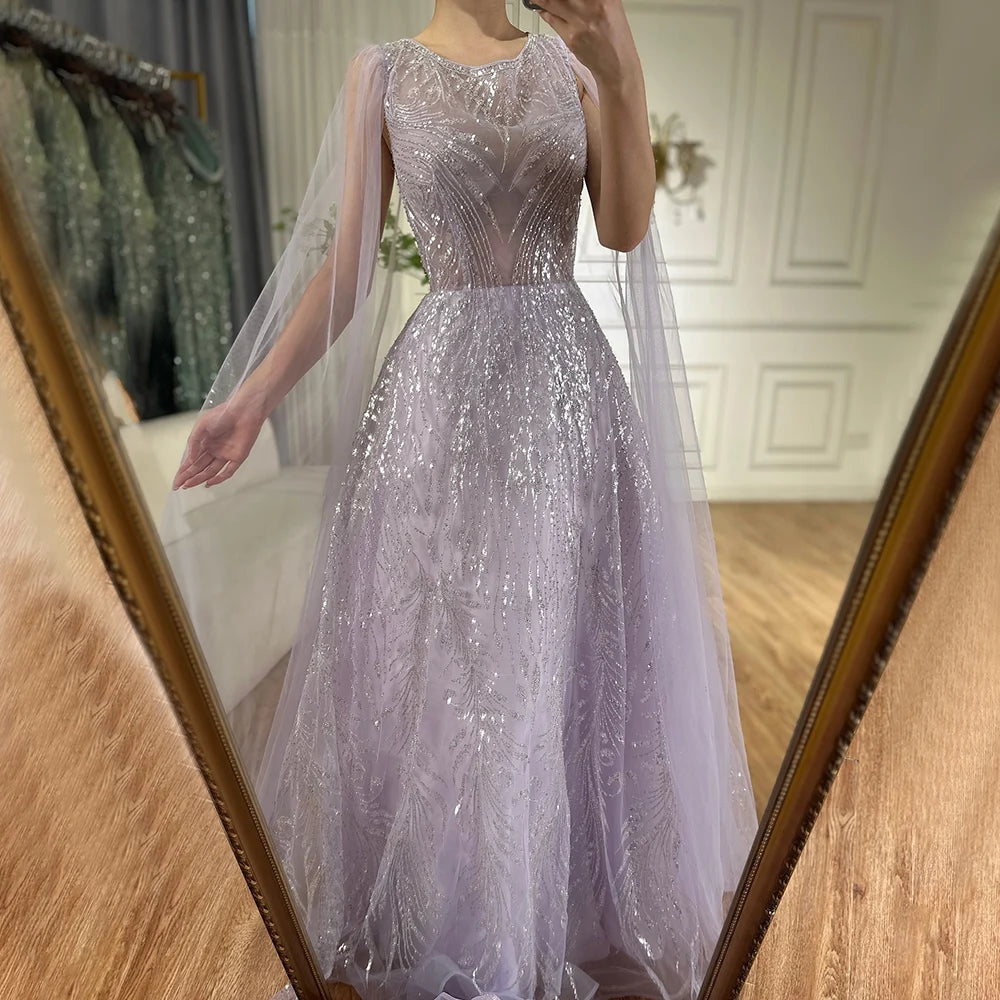 Formal evening dress -Serene Hill 2024 Arabic Lilac Elegant A-Line Beaded Long Evening Dresses Gowns with Cape Sleeves for Formal Occasion LA72744