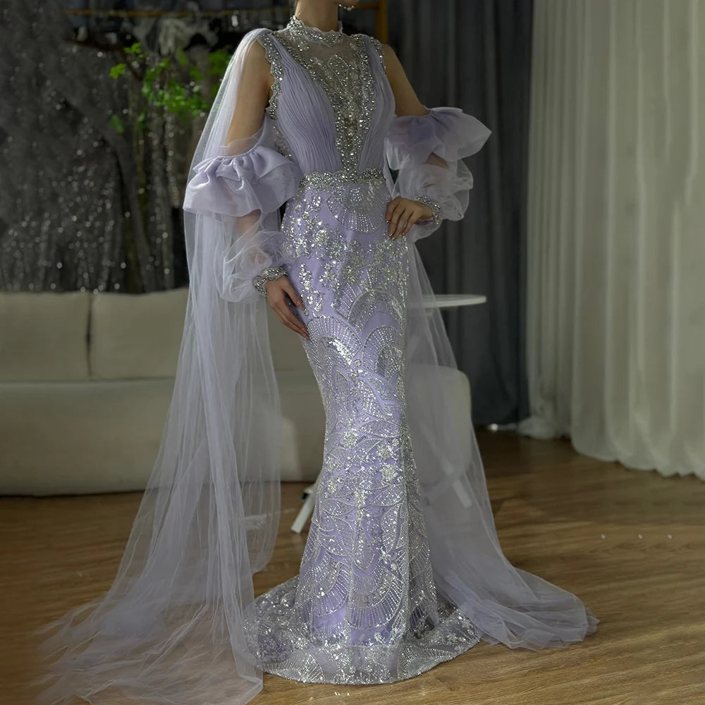 Evening dress with sequins -Serene Hill 2024 Arabic Lilac Mermaid Puffy Sleeves Sparkling Beaded Long Evening Dresses Gowns for Formal Occasion LA72745