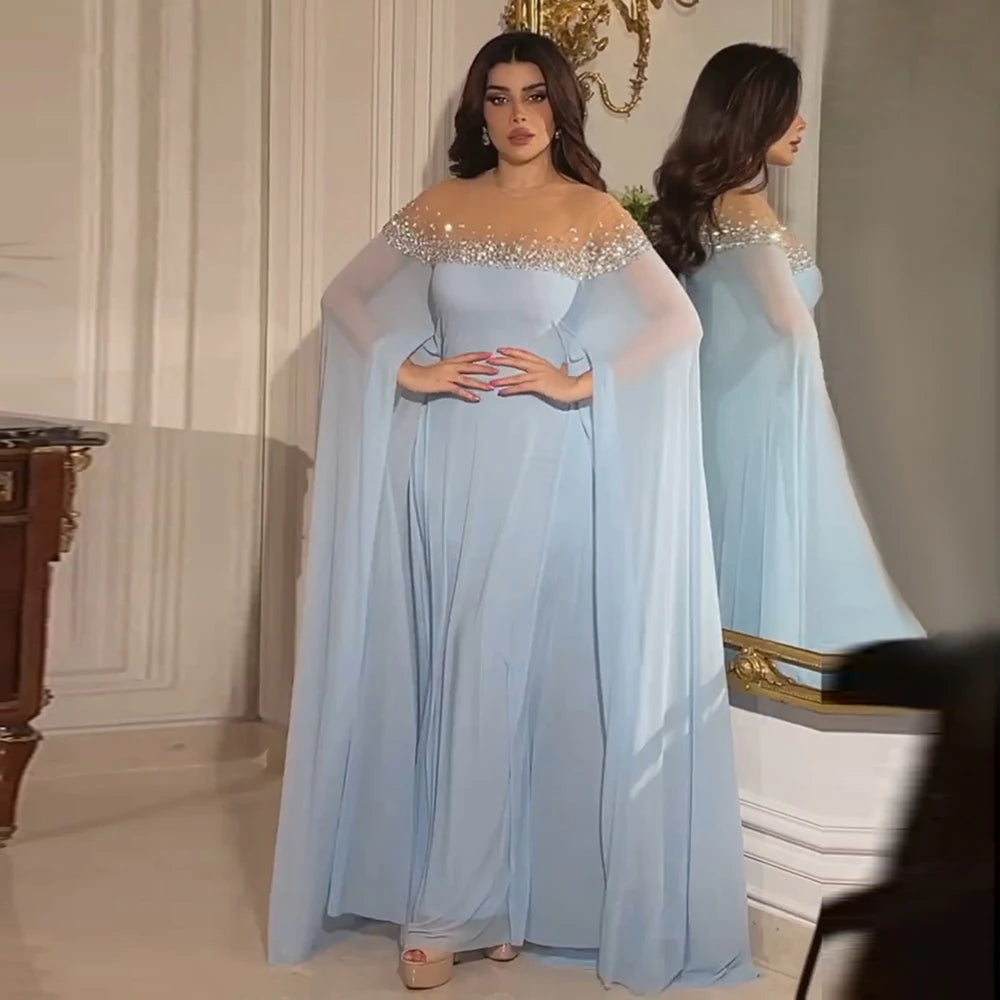 Evening dress with draped fabric -Serene Hill 2024 Arabic Luxury Crystal Dubai A-Line Baby Blue Evening Dress with Elegant Kaftan for Formal Occasion LA72766