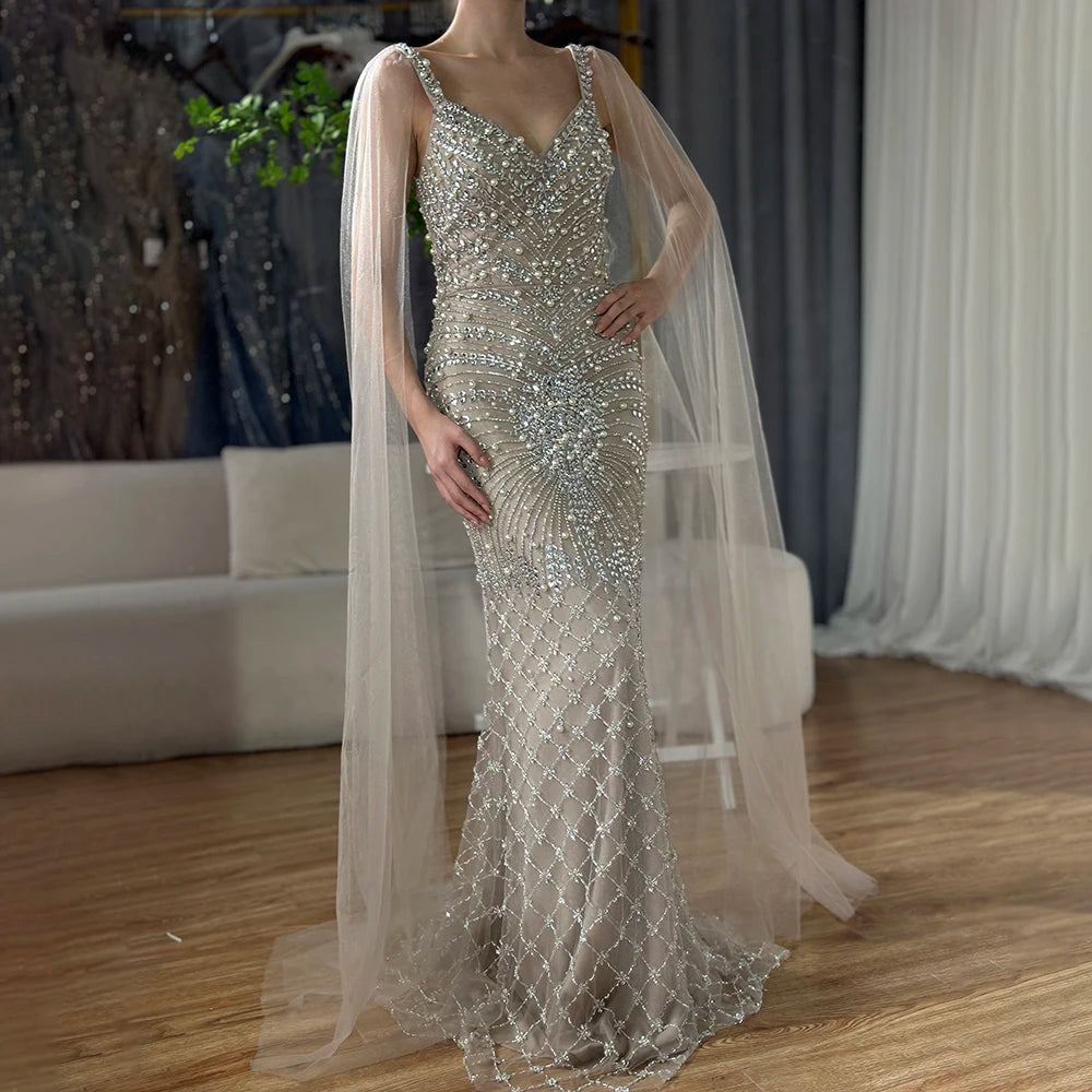 Sleeveless evening dress -Serene Hill 2024 Arabic Nude Mermaid Cape Sleeve Beaded Luxury Saudi Evening Gown for Formal Occasion LA72748