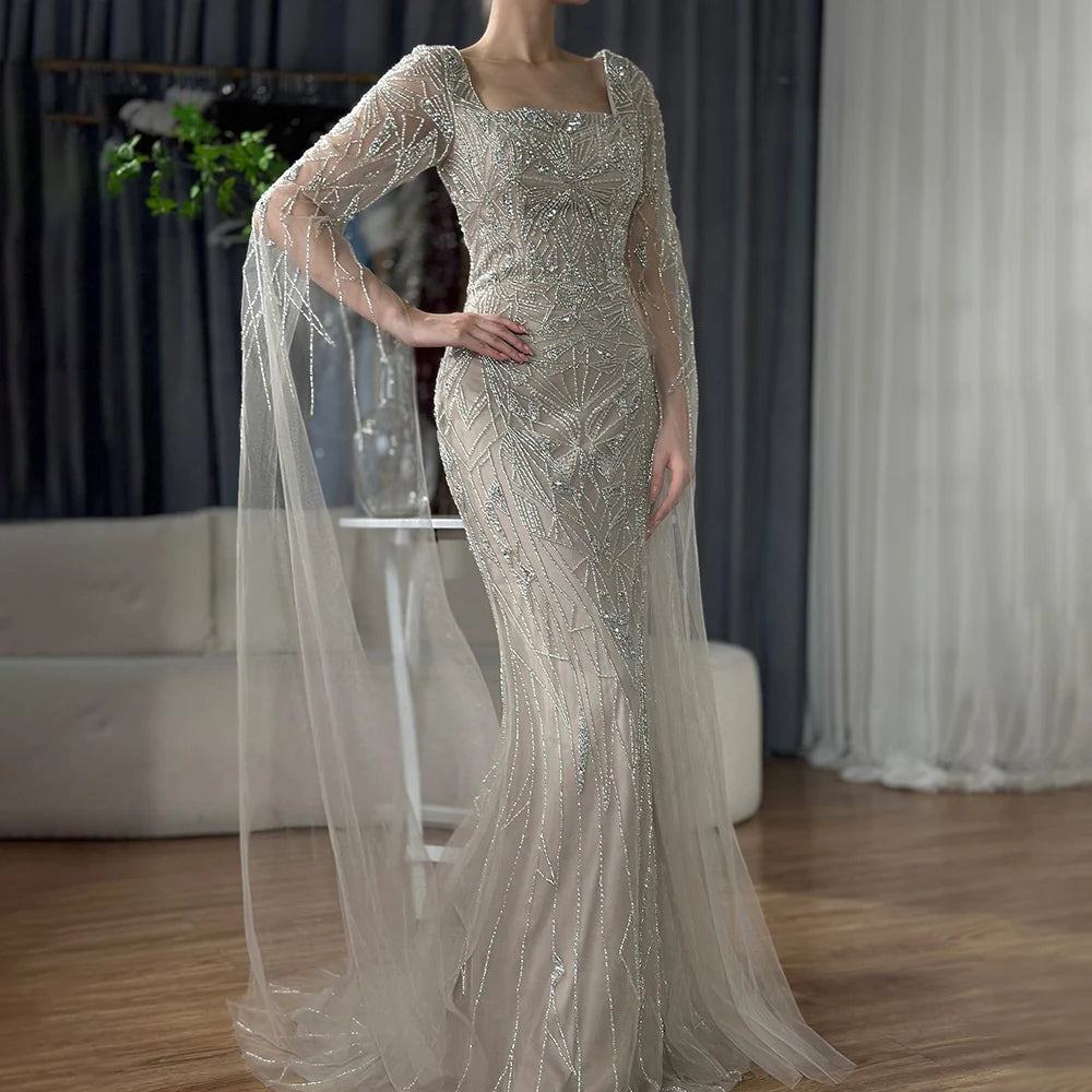 Off-the-shoulder evening dress -Serene Hill 2024 Arabic Nued Cape Sleeves Mermaid Saudi Evening Dresses Beaded Luxury Party Gowns for Formal Occasion LA72261B