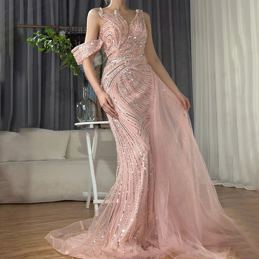 Blue evening dress -Serene Hill 2024 Arabic Pink Mermaid Elegant One Shoulder Beaded Long Evening Dresses Gowns for Formal Occasion LA72662A