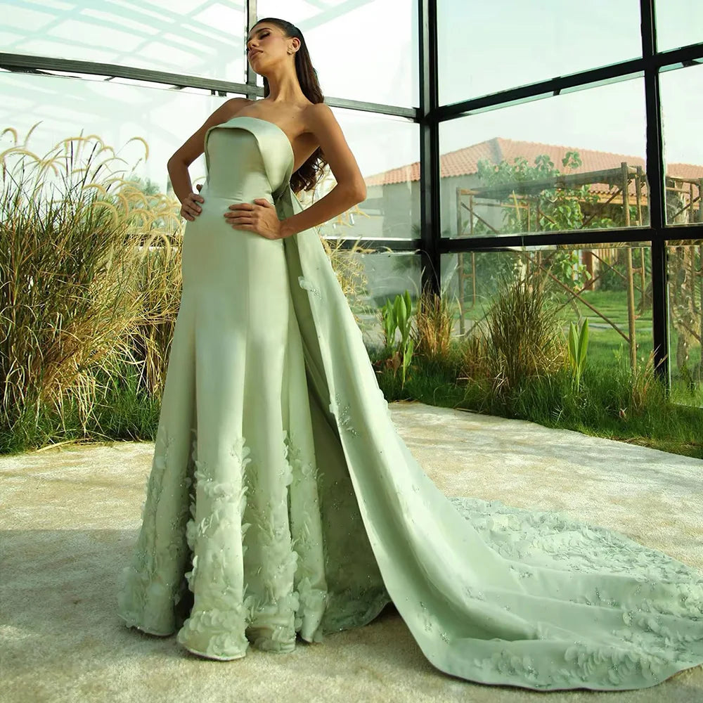 Evening dress for black tie gala -Serene Hill 2024 Arabic Sage Green Strapless Satin A Line Luxury Crystal Appliques Evening Gown for Formal Occasion LA72724