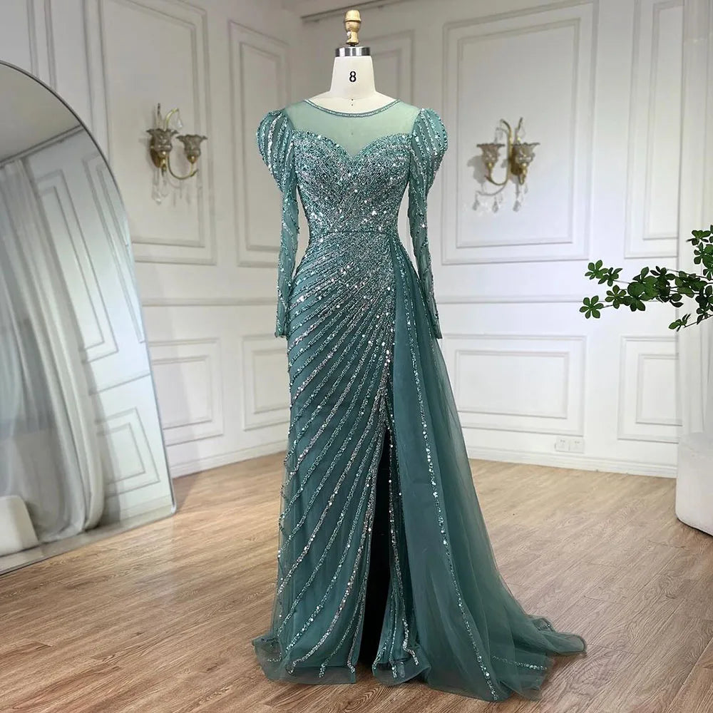 Evening dress with tiered skirt -Serene Hill 2024 Arabic Turquoise Mermaid Split Beaded Luxury Dubai Long Evening Dresses Gowns for Women Wedding Party LA72448