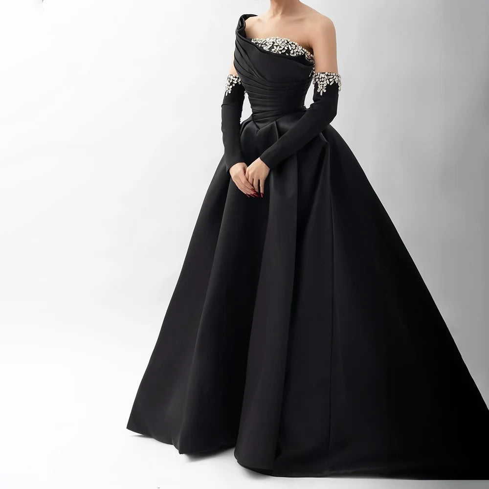 Satin evening dress -Serene Hill 2024 Black One Shoulder Satin A Line Beaded Evening Gown with Sleevelets for Women's Party Saudi Dress LA72741