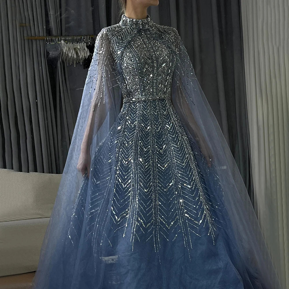 Long evening dress -Serene Hill 2024 Blue Beaded Design A-Line Saudi Arabic Evening Dresses Gowns with Cape Sleeves for Formal Occasion LA72728