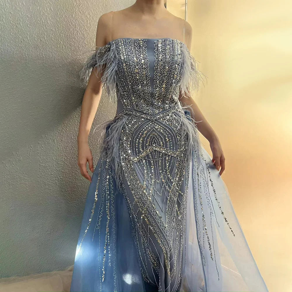 Evening dress with draped fabric -Serene Hill 2024 Blue Mermaid Gown Luxury Feathers Beaded Saudi Evening Dress with Overlay Skirt for Formal Occasion LA72727