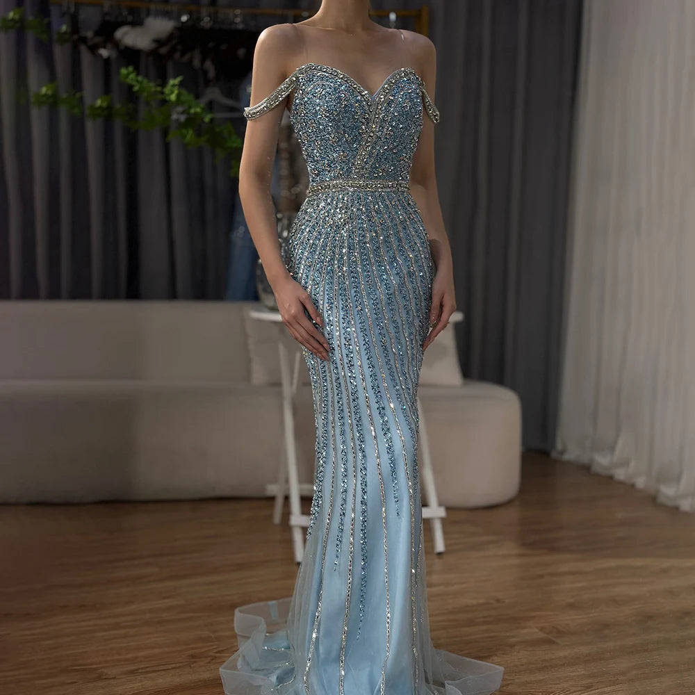 Evening dress with sweetheart neckline -Serene Hill 2024 Blue Prom Mermaid Gown Beaded Luxury Saudi Evening Dress for Formal Occasion LA72715A