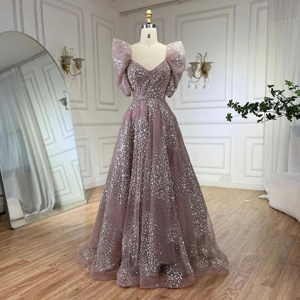 Evening dress for anniversary celebration -Serene Hill 2024 Dubai Arabic Pink A Line Beaded Evening Elegant Gown Luxury Dress for Women Long Party Dress LA72447