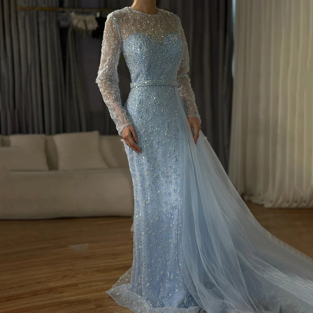 Evening dress with sheer panels -Serene Hill 2024 Elegant Blue Saudi Arabic Evening Gown with Beaded Side Overskirt Dress for Formal Occasion LA72734