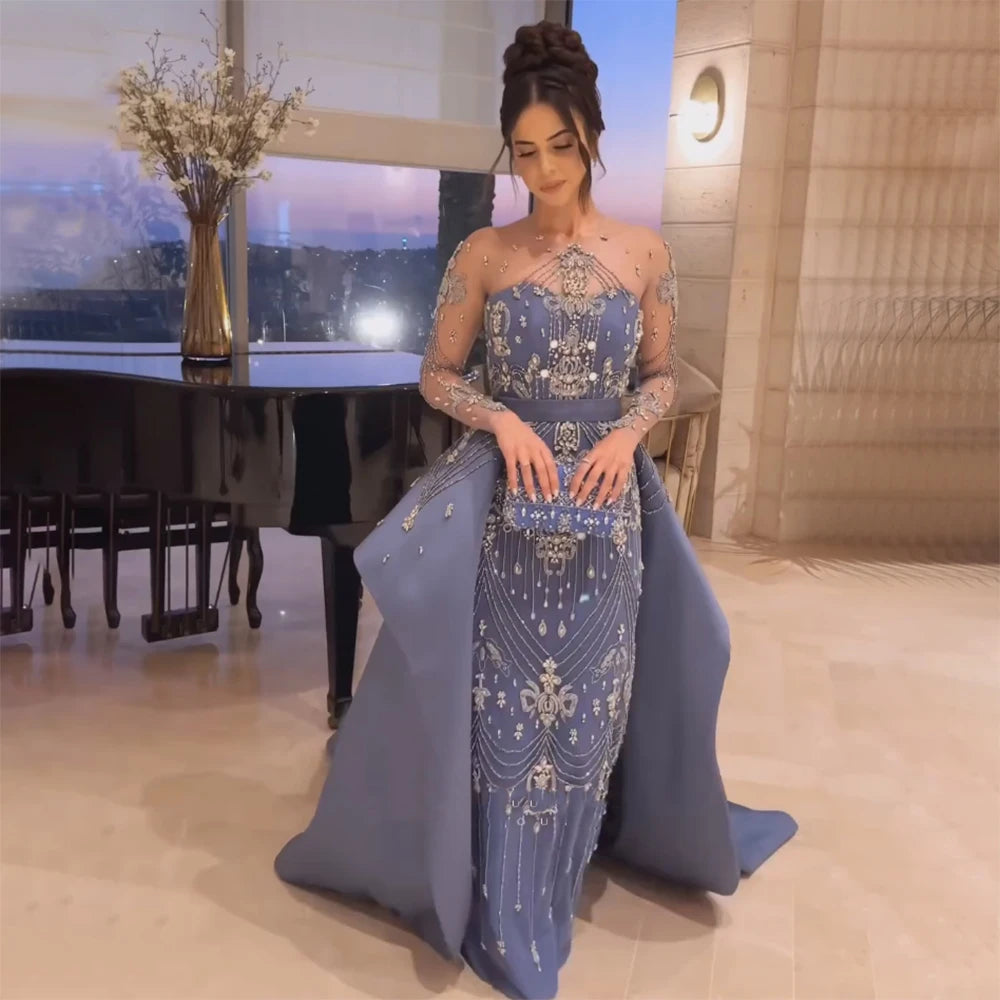 Evening dress with tulle -Serene Hill 2024 Elegant Blue Saudi Arabic With Overskirt Evening Gown Crystal Beaded Dress for Formal Occasion LA72757