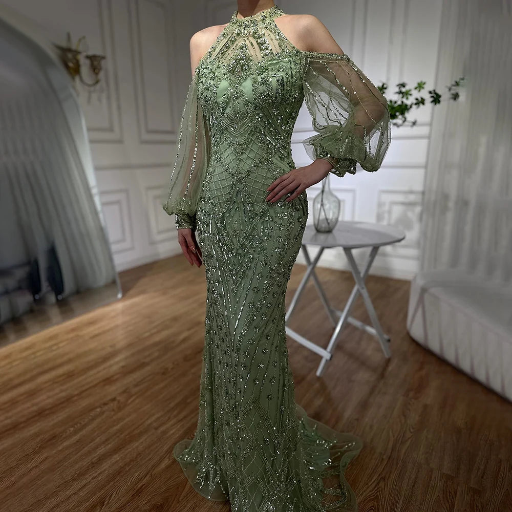 Evening dress for winter -Serene Hill 2024 Elegant Sage Green Halter Neck Beaded Luxury Mermaid Evening Dress for Formal Occasion Saudi LA72737