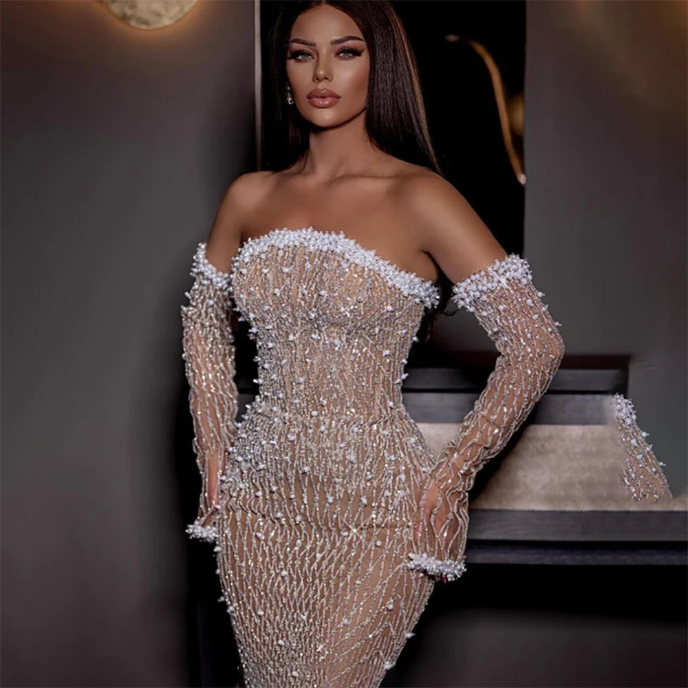 Evening dress for black tie gala -Serene Hill 2024 Elegant White Nude Arabic Strapless Evening Gown Beaded Dress with Gloves for Formal Occasion LA72649