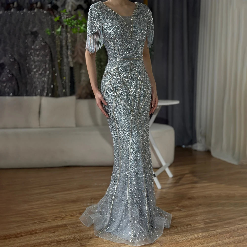 Evening dress with sequined details -Serene Hill 2024 Gray Saudi Arabic Evening Gown with Beaded Tassel Dress for Formal Occasion LA72743