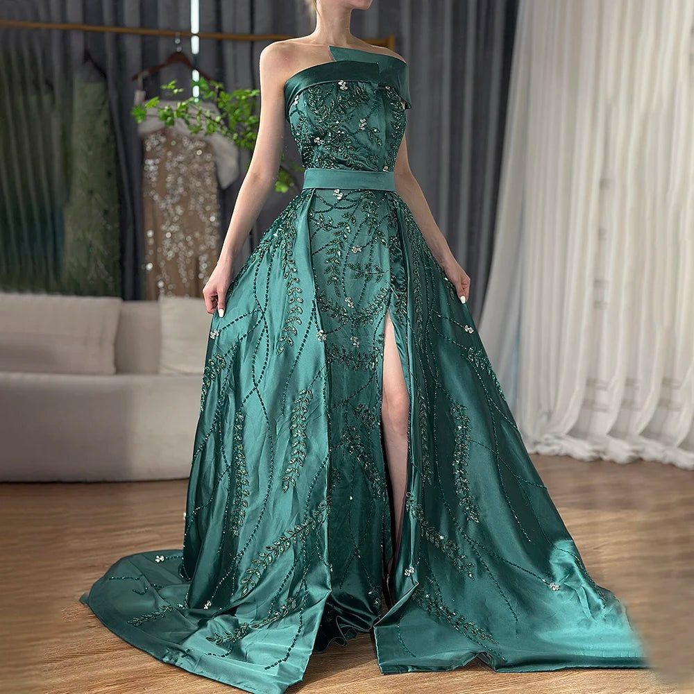 Evening dress with halter neck -Serene Hill 2024 Green Arabic One-Shoulder Satin Evening Gown Beaded Dress with Overskirt and Split for Formal Occasion LA72178