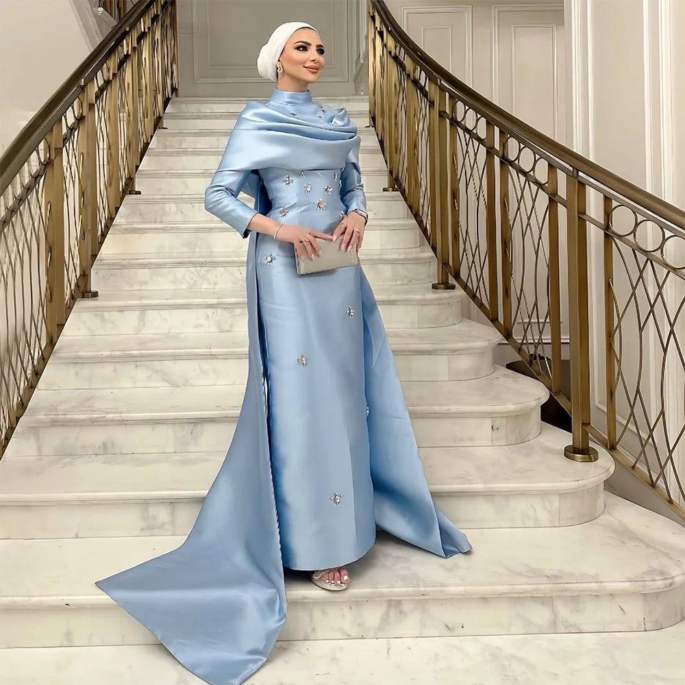 Evening dress for graduation -Serene Hill 2024 Muslim Blue Mermaid Beaded Satin Luxury Saudi Evening Dress Gown Overlay Skirt for Formal Occasion LA72414M