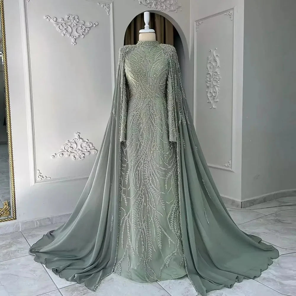 Maxi evening dress -Serene Hill 2024 muslim Sage Green Mermaid Cape Sleeves Beaded Satin Luxury Evening Dresses Gowns for Women Party LA72413