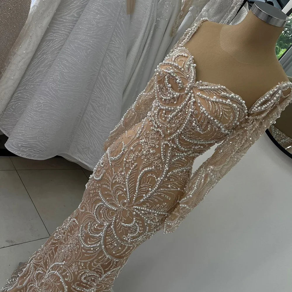 Evening dress with cap sleeves -Serene Hill 2024 Nude Mermaid Luxury Pearls Beaded Arabic Evening Gowns for Formal Occasion Dress LA72648