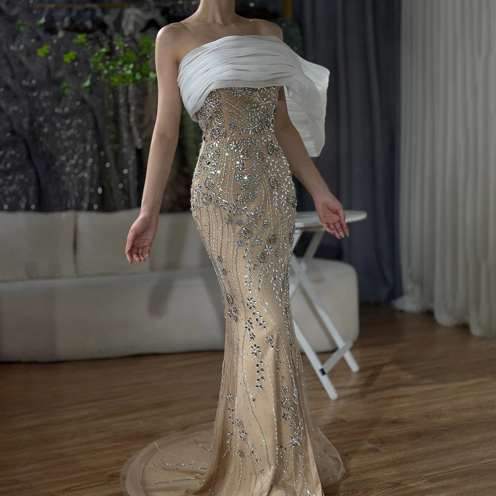 Formal evening gown -Serene Hill 2024 Nude One Shoulder Split Saudi Arabic Evening Gown Beaded Dress for Formal Occasion LA72746