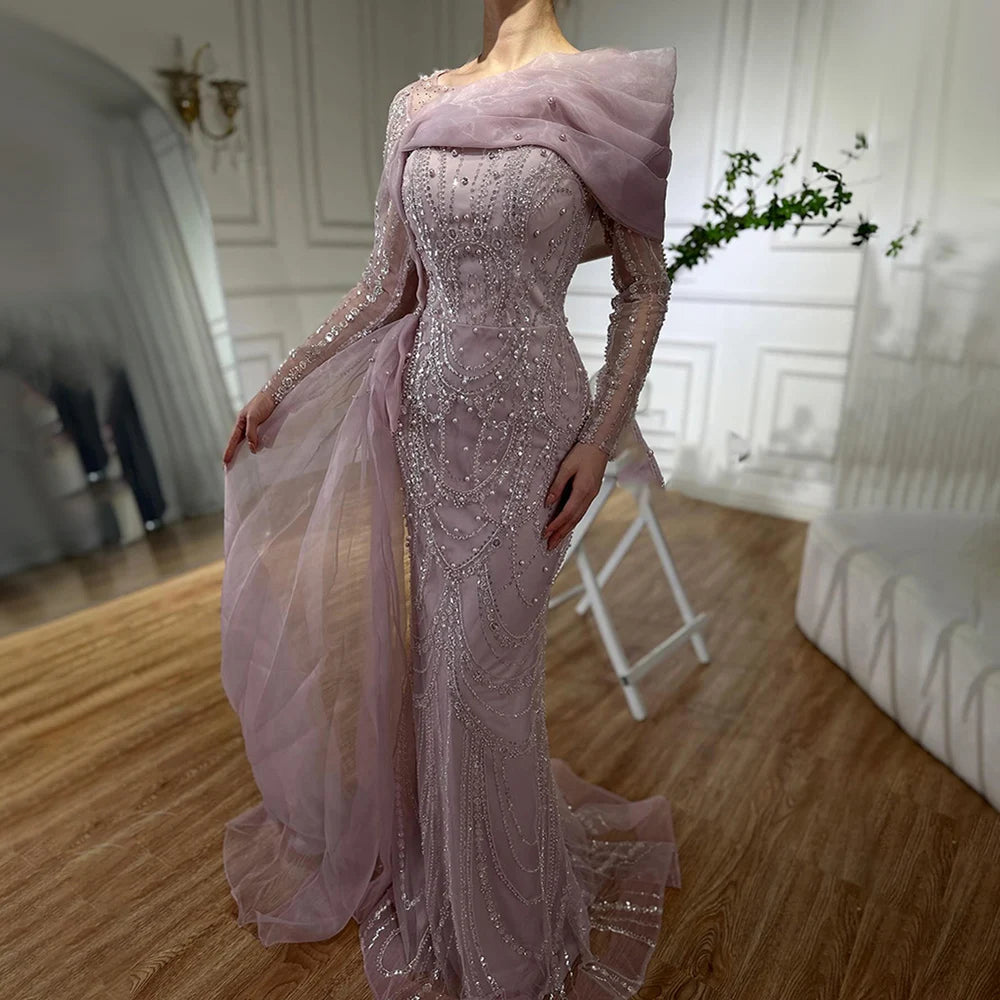 Off-shoulder evening dress -Serene Hill 2024 Pink Mermaid Luxury Beaded Pearls Evening Dress with Overskirt Gown for Formal Occasion LA72348A