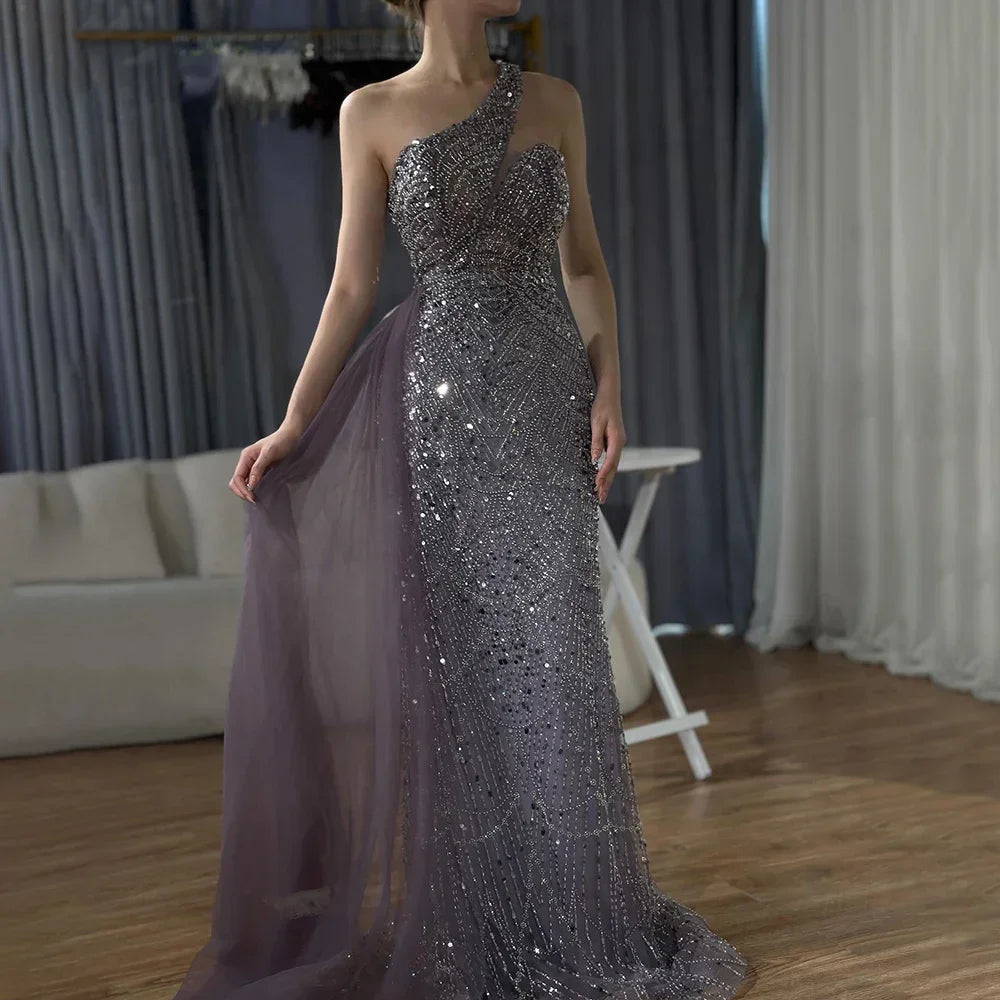 Evening dress with chiffon -Serene Hill 2024 Purple One Shoulder Saudi Arabic Evening Gown with Beaded Side Overskirt Dress for Formal Occasion LA72735