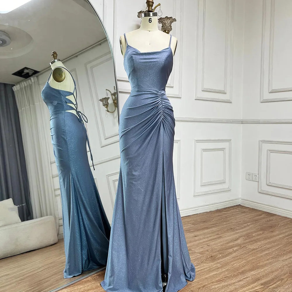 Evening dress with wrap design -Serene Hill 2024 Saudi Arabic Blue Elegant Spaghetti Strap Mermaid Long Evening Gown with Split for Formal Occasion LA72720