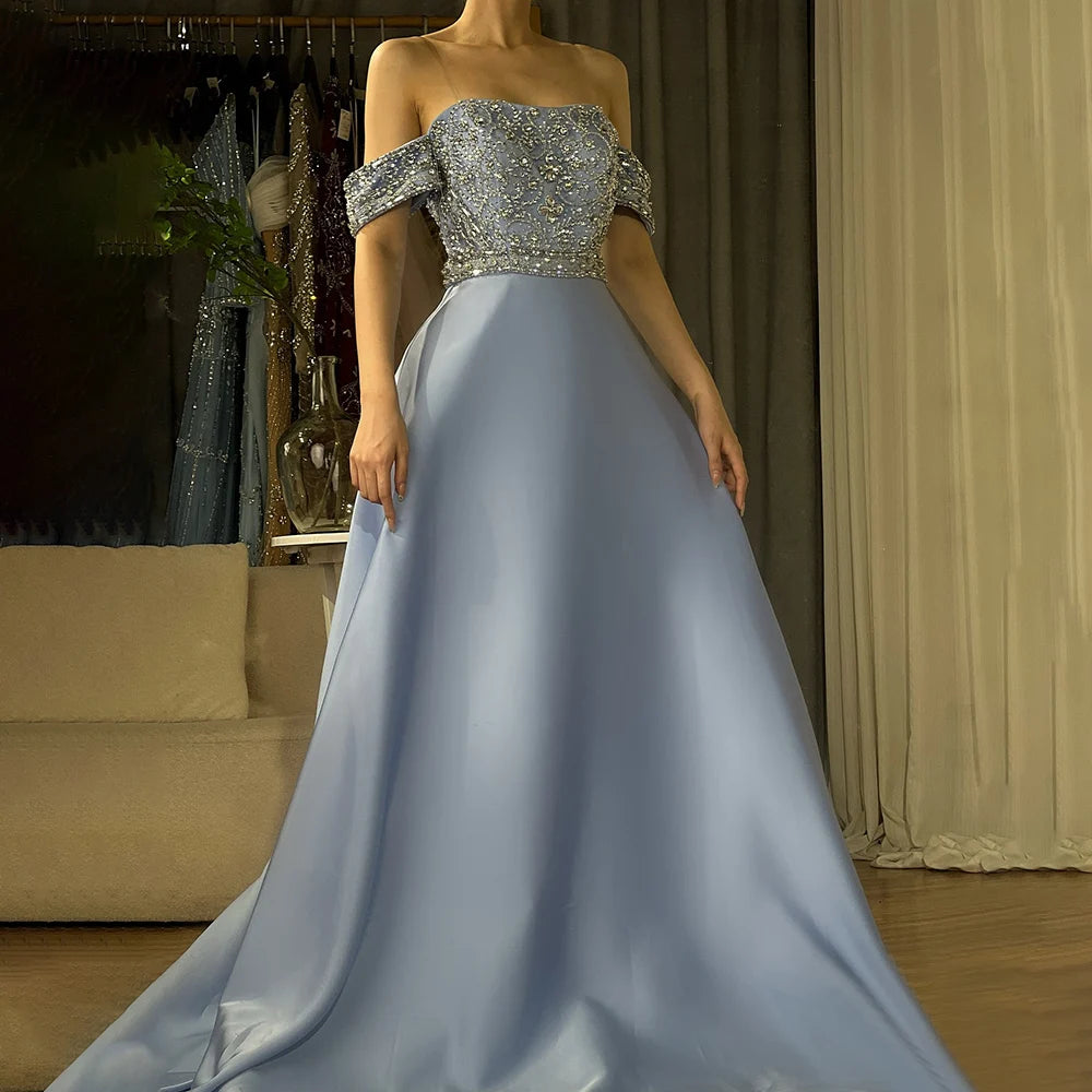 Evening dress for women -Serene Hill 2024 Saudi Arabic Elegant Blue Off-the-Shoulder A-Line Beaded Long Evening Gown for Formal Occasion LA72753