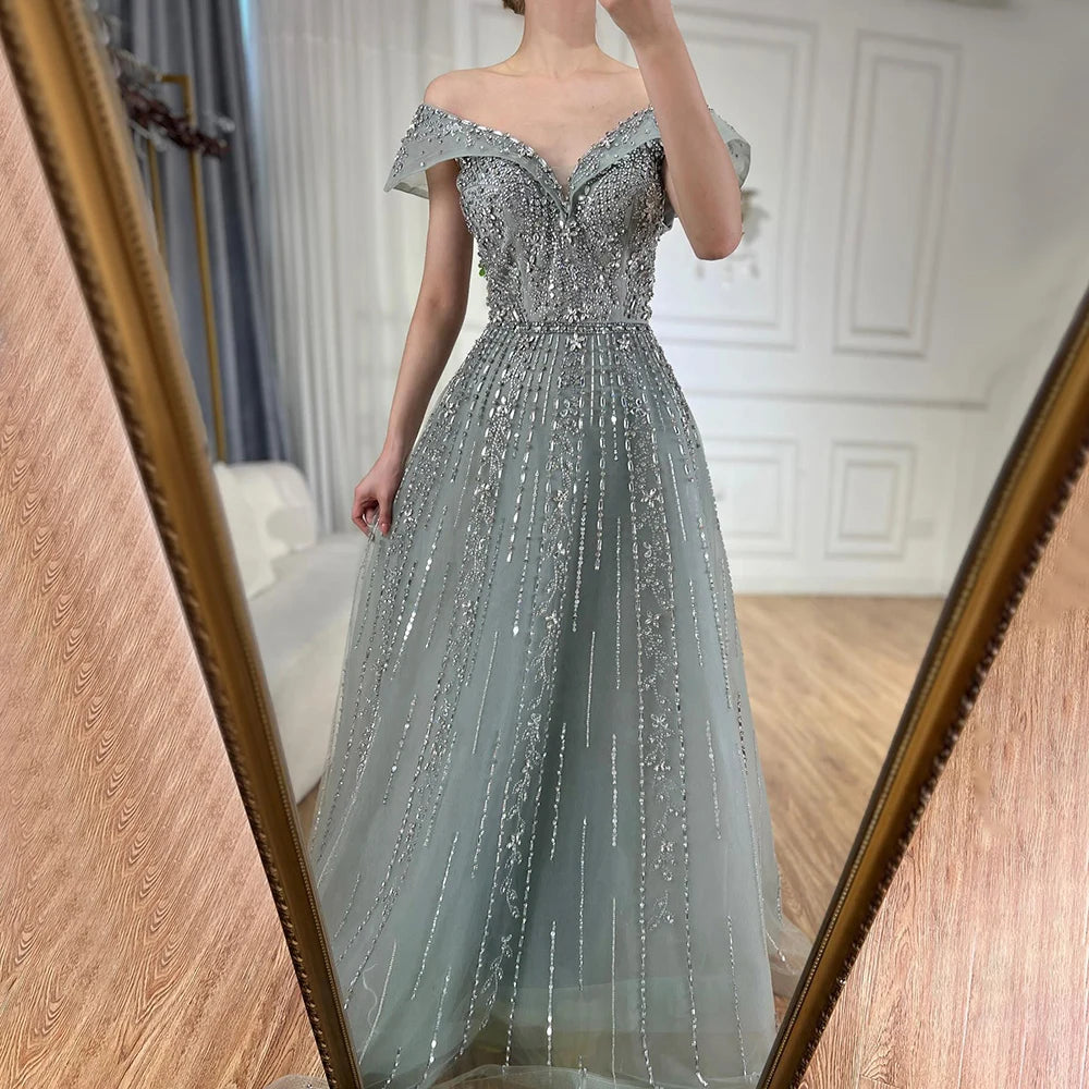 Evening dress for upscale party -Serene Hill 2024 Saudi Arabic Gray Beaded Design A-Line Evening Dresses Gowns for Formal Occasion LA72731