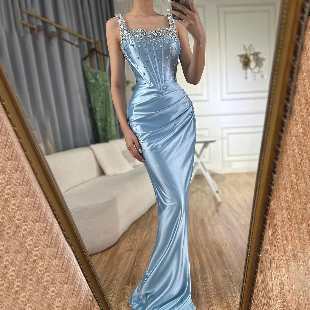 Evening dress for prom -Serene Hill 2024 Saudi Blue Crystal Beaded Spaghetti Strap Mermaid Evening Dress Gown with Split for Formal Occasion LA72739