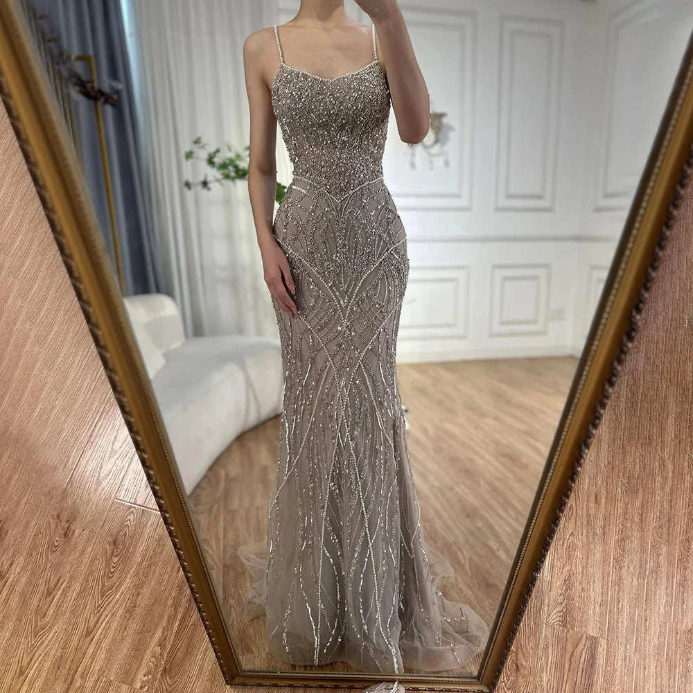 Elegant long evening dress -Serene Hill 2024 Saudi Caramel Beaded Spaghetti Strap Arabic Mermaid Evening Dress Gown for Formal Occasion LA72733