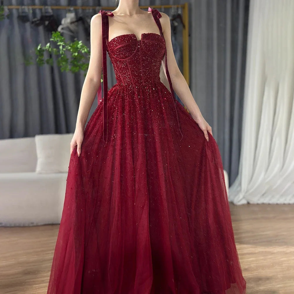 Satin evening dress -Serene Hill 2024 Saudi Wine Red Beaded Evening Gown Spaghetti Strap A-Line Luxury Floor-Length for Formal Occasion LA70600A