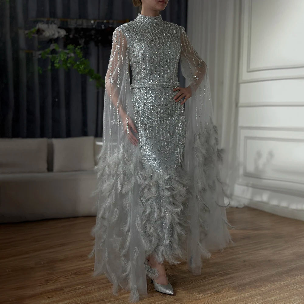 Evening dress for party -Serene Hill 2024 Silver Gray Mermaid Cape Sleeves Feathers Beaded Ankle Length Evening Dresses Gowns for Formal Occasion LA72747