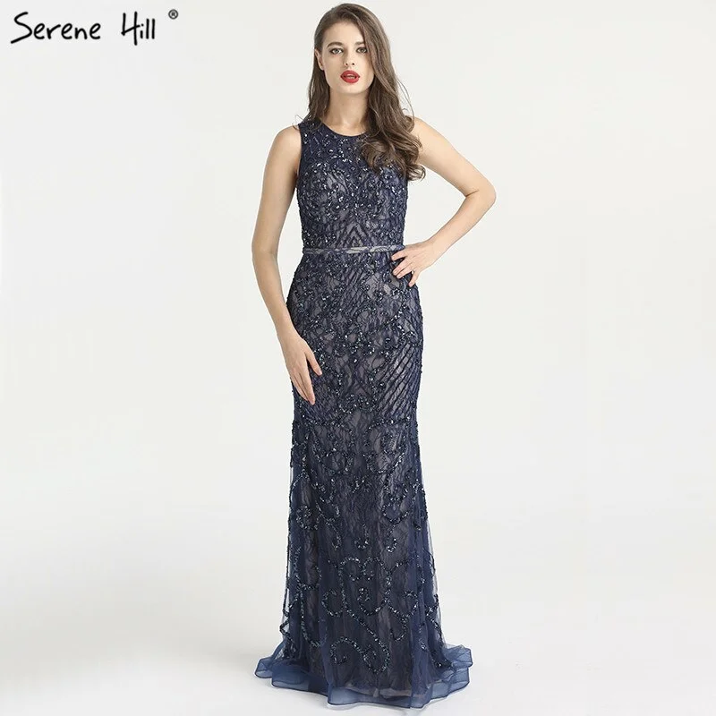 Evening dress for outdoor events -On Sale No Return No Refund  Serene Hill Arabic Blue Sleeveless Mermaid Luxury Evening Dresses Gowns 2024 Lace Beaded Elegant For Woman Wedding Party LA6358