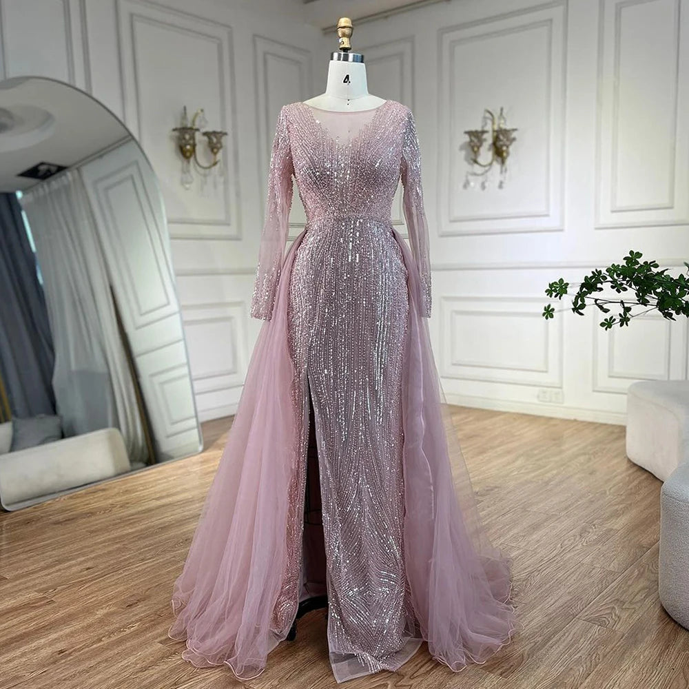 Designer evening dress -Serene Hill Arabic Pink With Overskirt Mermaid Beaded Evening Dresses Luxury Gowns 2024 for Women's Wedding Party 2024 LA72584