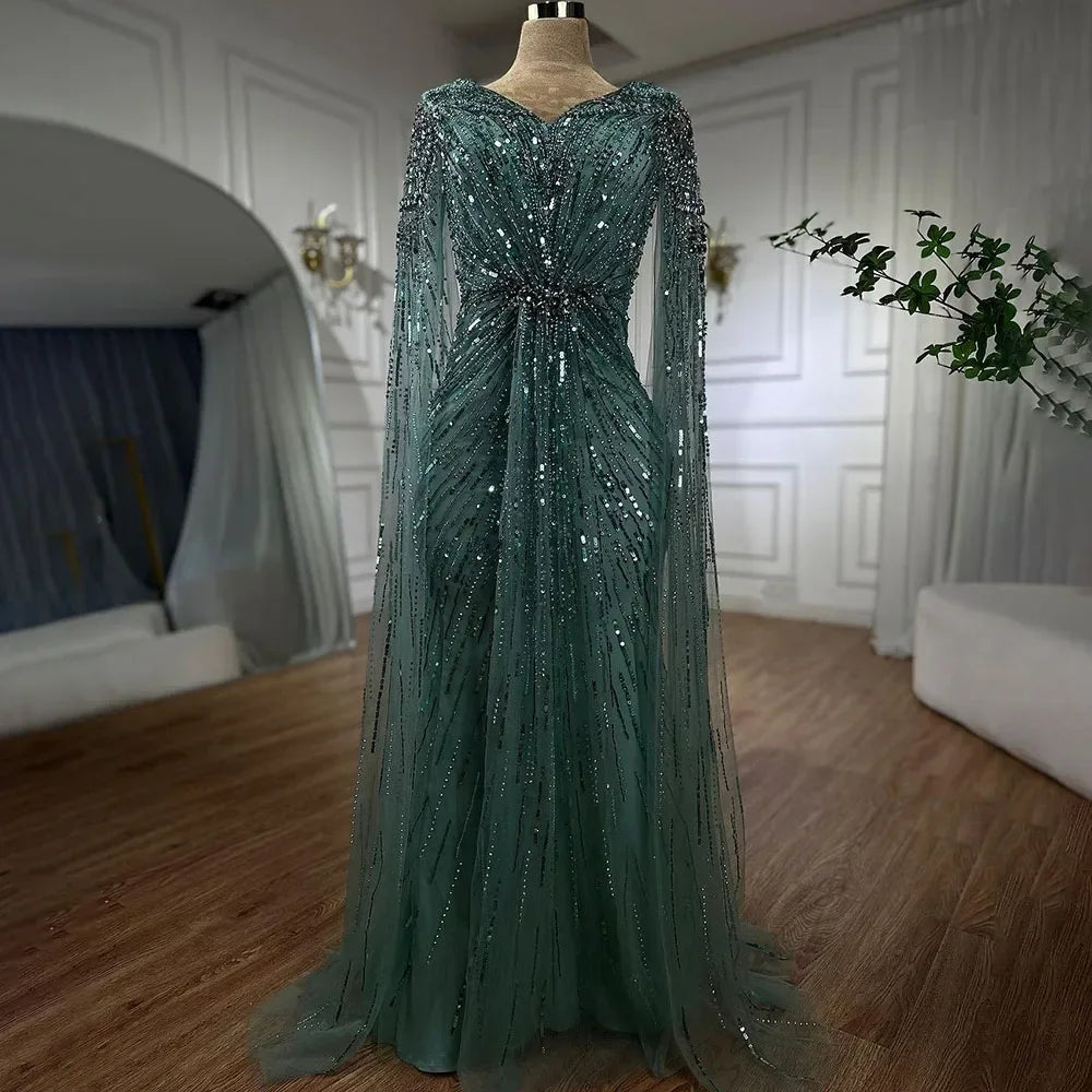 Evening dress with floral embroidery -Serene Hill Arabic Turquoise Mermaid Beaded Cape Sleeves Elegant Evening Dresses Gowns 2024 For Women Wedding Party LA72168