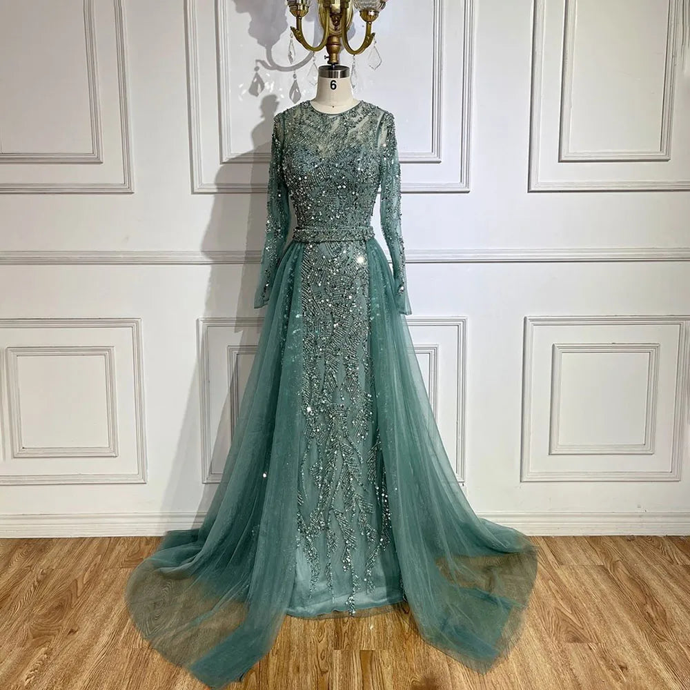 Classic evening dress -Serene Hill Arabic Turquoise Mermaid Gown with Tulle Overskirt and Beaded | Evening Gowns for Women - Wedding Party LA72601