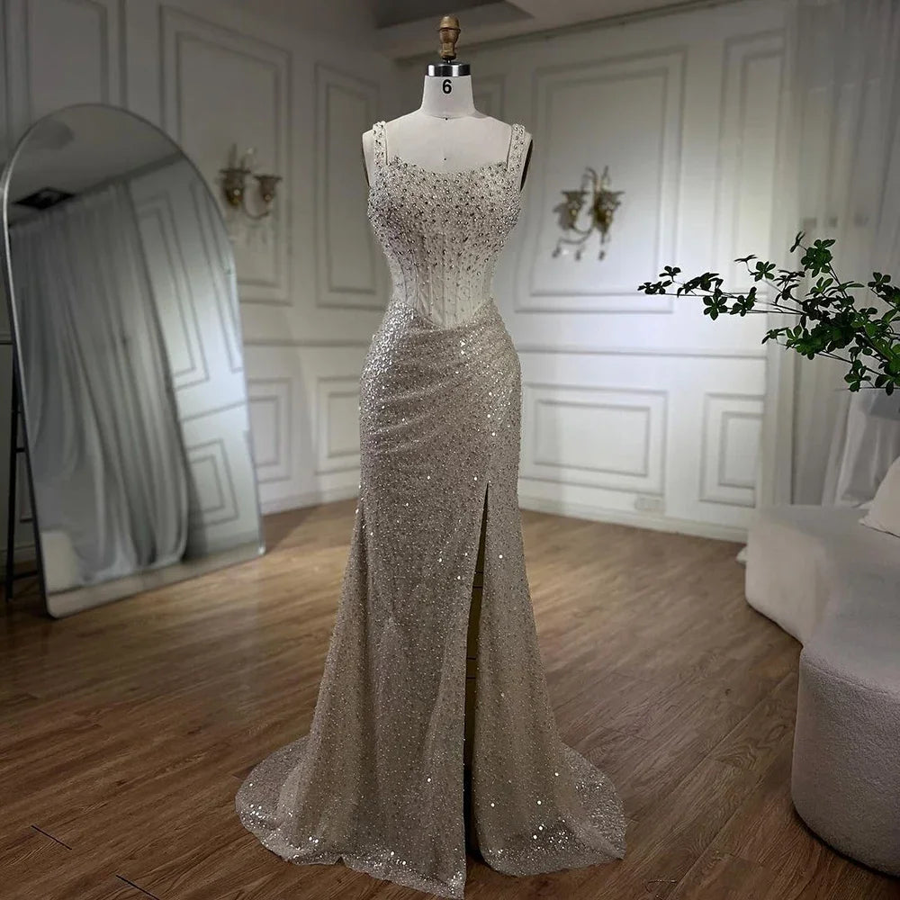 Evening dress with pearls -Serene Hill Beige Mermaid Floor Length Evening Gowns Luxury Beaded Crystal Spaghetti Strap Party Drsses For Women 2024 LA72163