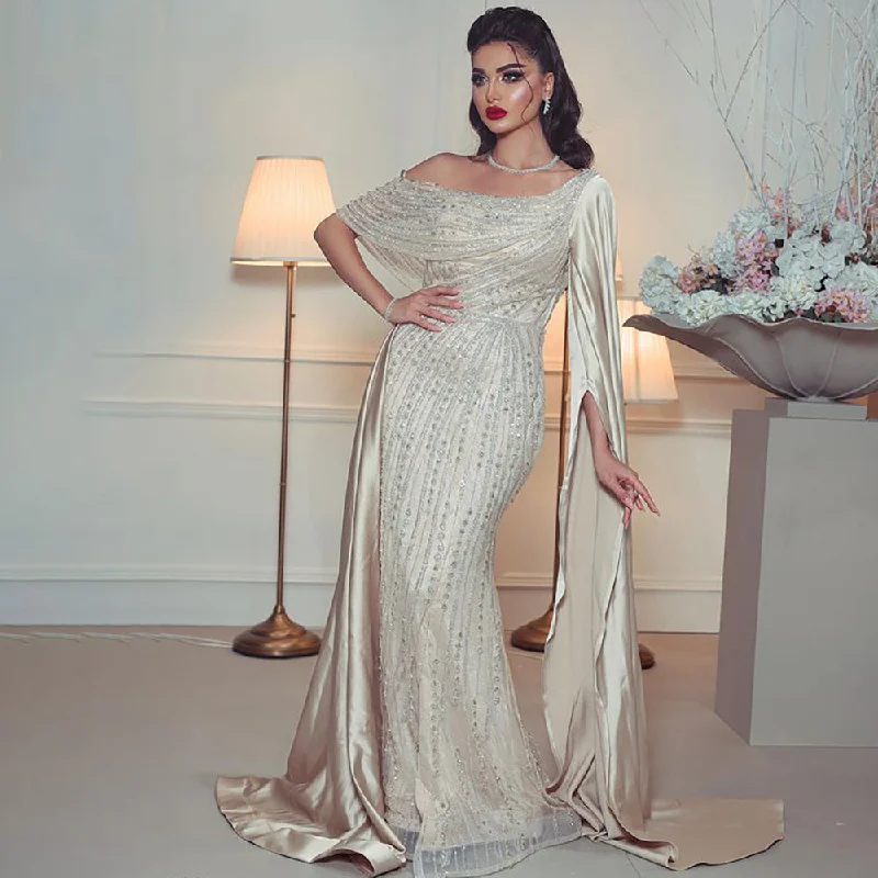 Evening dress for date night -Serene Hill Beige One Shoulder Cape Sleeve Elegant Mermaid Evening Dresses Gowns 2024 Beaded Luxury For Woman Party LA71694