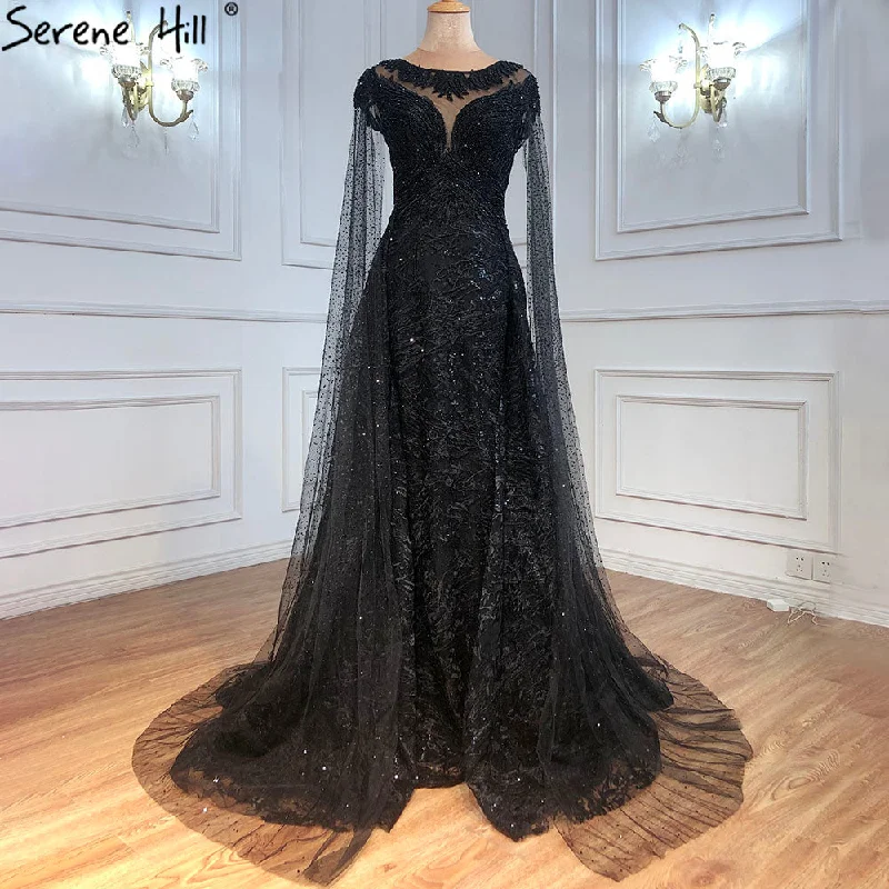 Cocktail evening dress -Serene Hill  Black  Sleeves  Luxury  2024 Lace Beaded Cape Sleeves  Mermaid Evening Gowns Elegant For Woman Party  LA71173