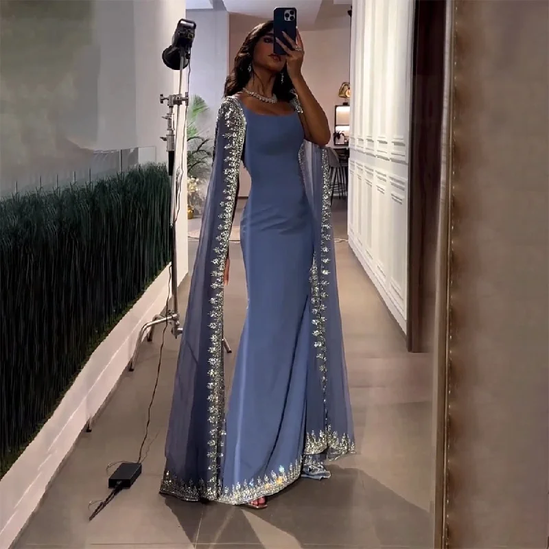 Red evening dress -Serene Hill Blue Cape Sleeves Luxury Evening Dresses Gowns 2024 Mermaid Beaded Elegant For Women Party LA72086