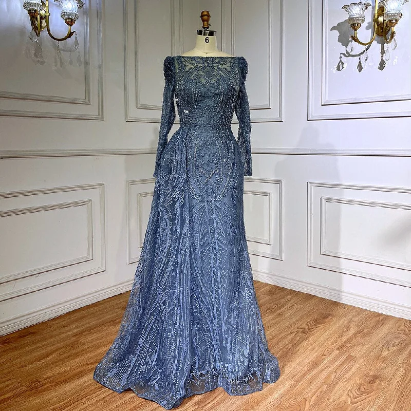 Chic evening dress -Serene Hill Blue Elegant Over Skirt Mermaid Sexy Lace Beaded Luxury Evening Dresses Gowns For Women Muslim Party 2024 LA71833