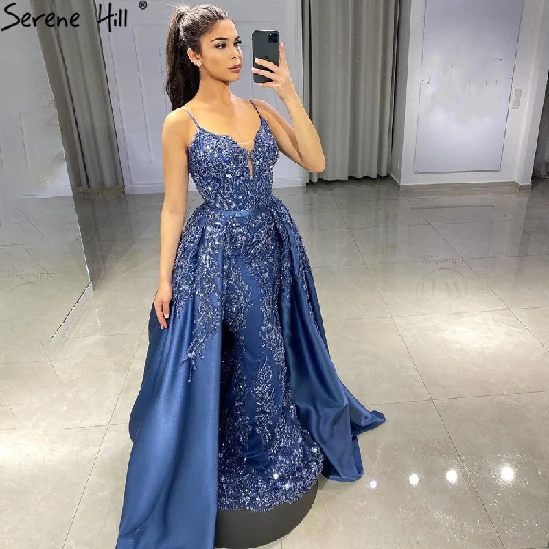 Evening dress with ruched bodice -Serene Hill Blue Mermaid Detachable Skirt Evening Dresses Gowns 2024 Beaded Luxury  Elegant For Women Party LA71179