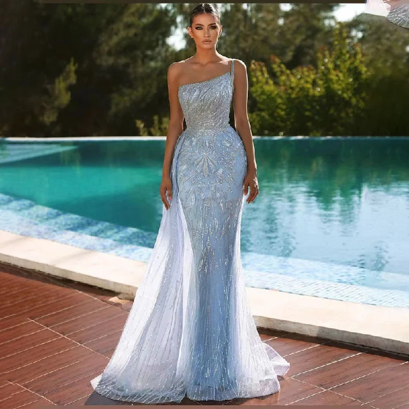 Velvet evening dress -Serene Hill Blue Mermaid Elegant With Overskirt Sexy One Shoulder Luxury Beaded Evening Dresses Gowns 2024 Women Party LA71730