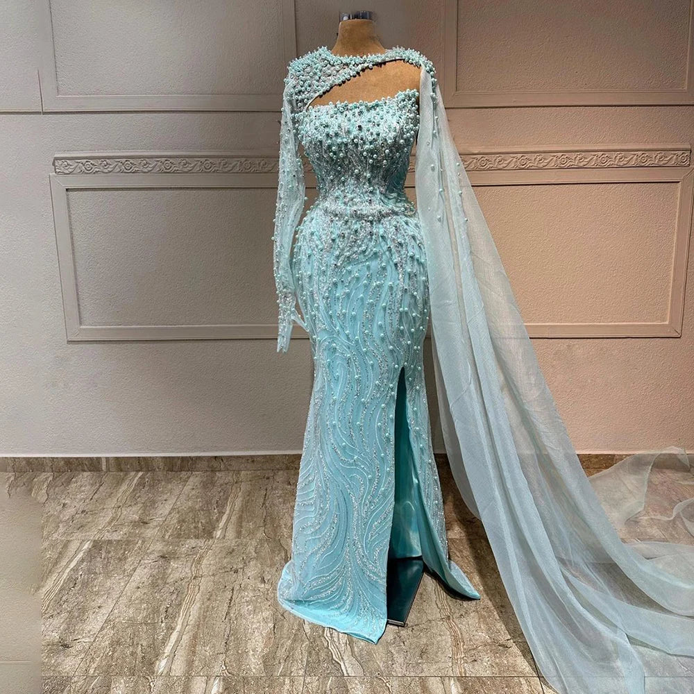 Evening dress with slit -Serene Hill Blue Mermaid Long Cloak High Split Beaded Pearls Luxury Evening Dresses Gowns For Women Wedding Party 2024 LA72268