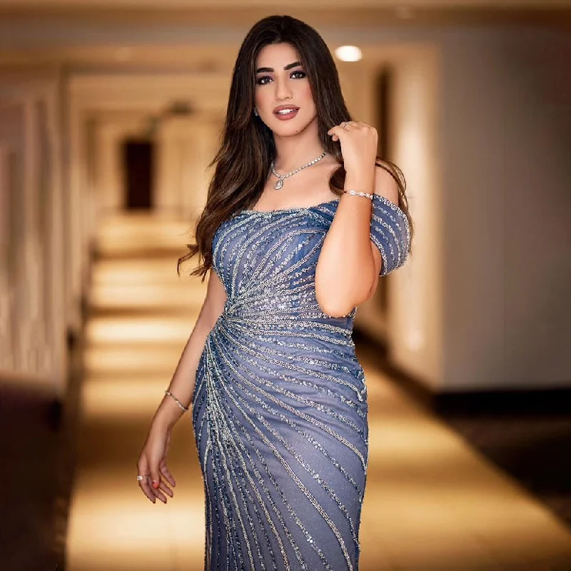 Evening dress for charity event -Serene Hill Blue Sexy Boat Neck Split Mermaid Elegant Beaded Arabic Evening Dresses Gowns For Woman Wedding Party 2024 LA71858