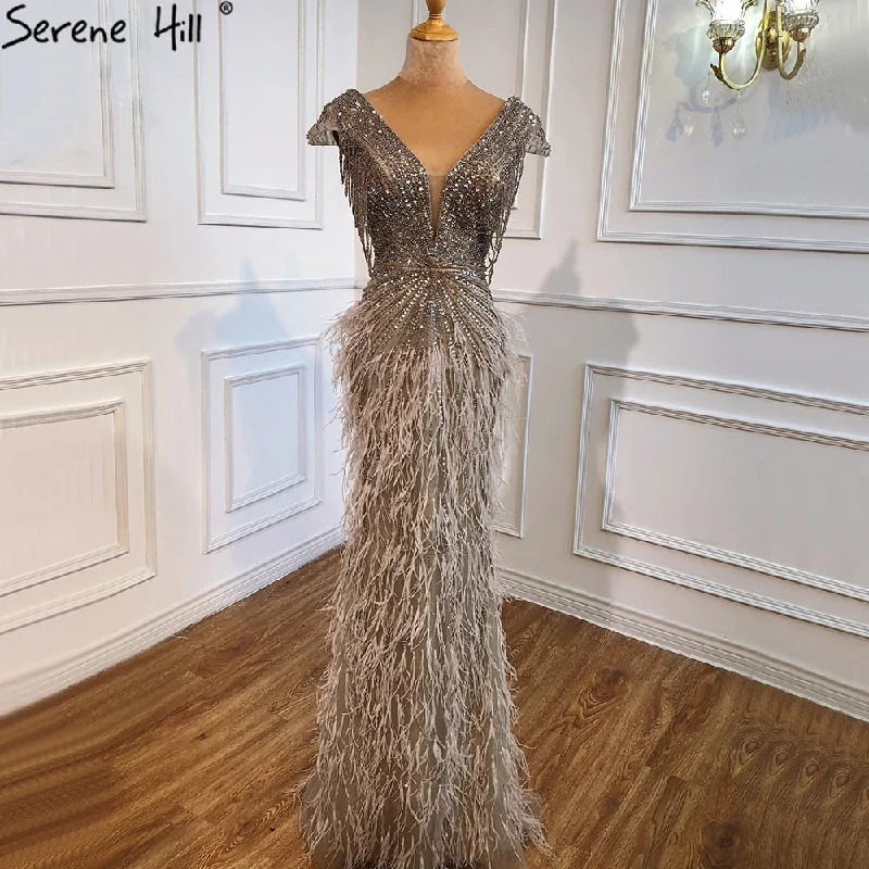 Evening dress for charity event -Serene Hill Brown Mermaid Elagant Luxury Evening Dresses Gowns 2024 Feathers Beading For Women Party  LA70801