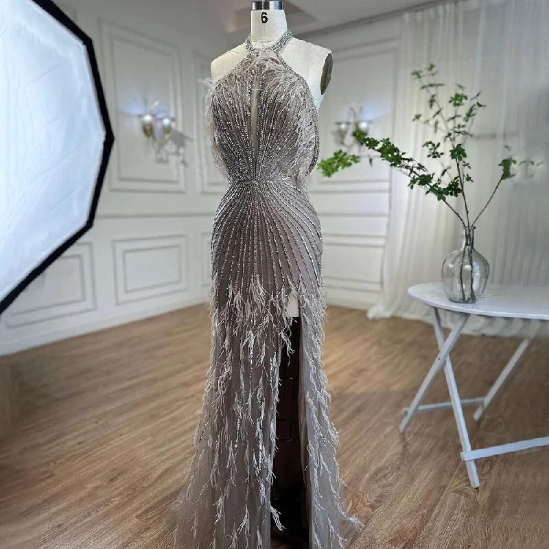 Maxi evening dress -On Sale  no return no refund Serene Hill Carame Mermaid Sleeveless Sexy High Split Beaded Feathers Evening Dresses Gowns For Women Wedding Party 2024 LA72132