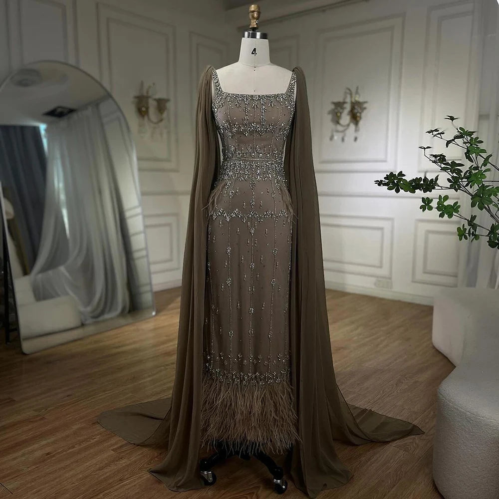 Evening dress with halter neck -Serene Hill caramel Mermaid Ankle Length Evening Dresses Gowns Luxury Beaded Feather For Women wedding Party 2024 LA71492B